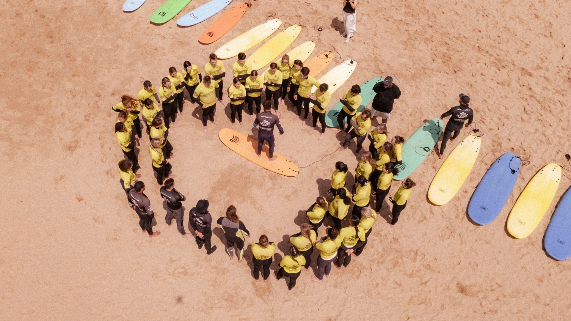 Group of surf students with boards on Ericeira beach